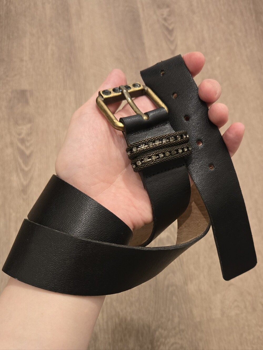 Womens DARK brown Leather Belt Y2k McBling Crstal Studs Western 34" Made Brazil